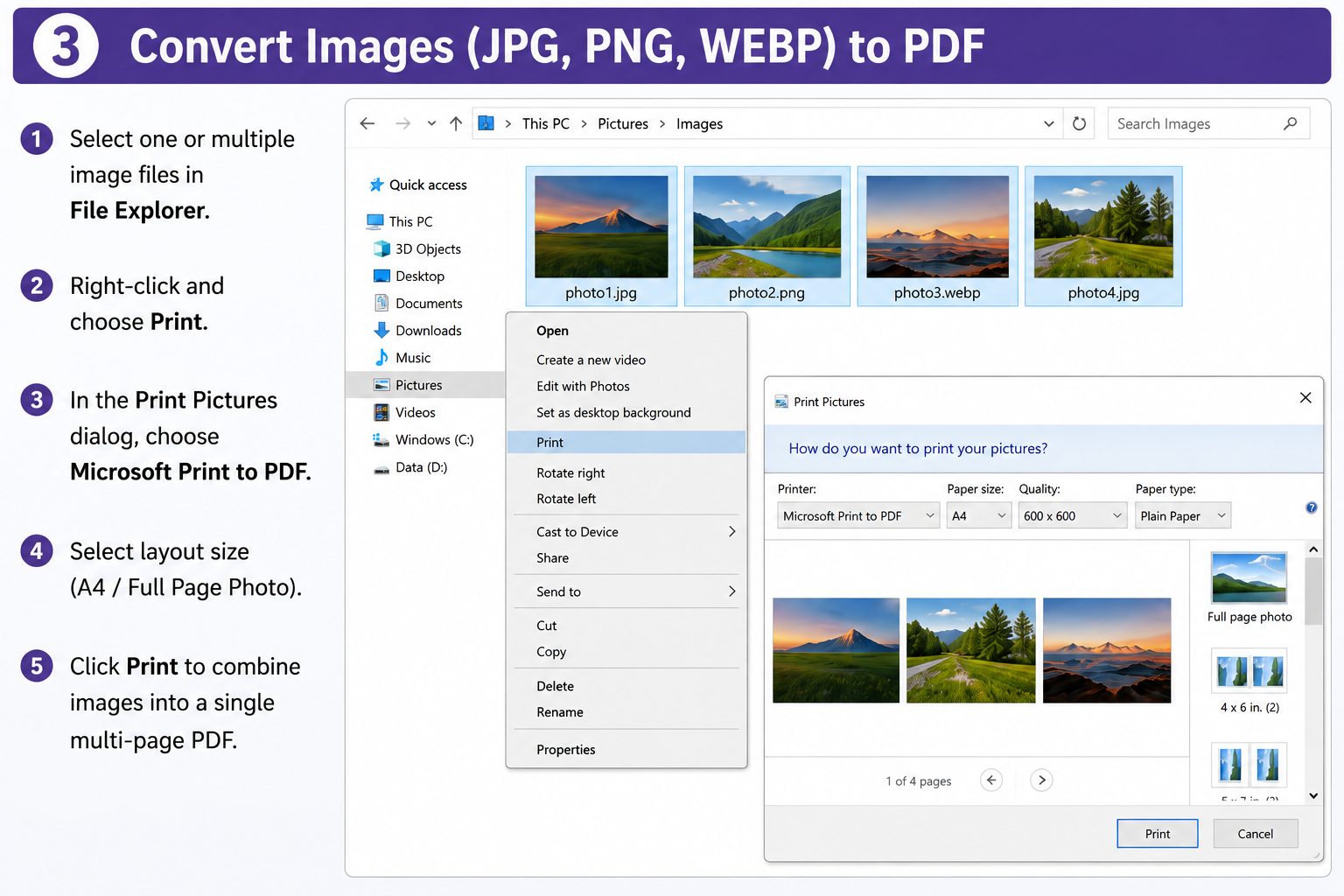 Converting Photo Images to PDF Document on Laptop